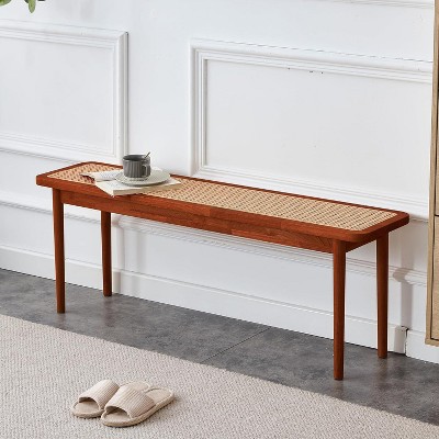 Acekool 47" Pure Wood Entryway Bench with Rattan Surface, Rounded Corners, Sturdy Frame for Living Room, Bedroom, Hallway, Walnut Finish