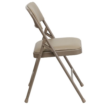 Beige Vinyl Metal Folding Chair with Padded Seat and Triple Braced Frame