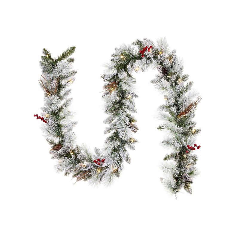 NOMA Snow Dusted 24 Inch Pre Lit Battery Operated Artificial Christmas Wreath with Berry 9 Foot Pre Lit Christmas Garland Home Holiday Mantle Decor, 3 of 7
