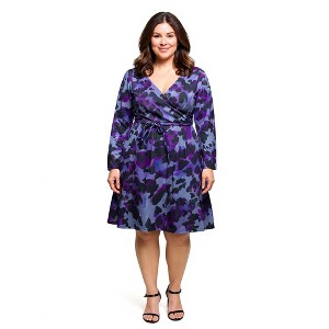 24seven Comfort Apparel Long Sleeve Wrap Dress with Belt in Purple Black Print - 1 of 3