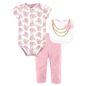 Little Treasure Baby Girl Bodysuit, Pant and Bib, Gold Roses - 1 of 1