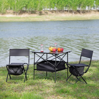 VisioGear Folding Chair, 3-Piece Folding Outdoor Chairs Set with 1 Table, Camping Chair for Picnics, Backyard, Black & Gray, 19.3"*15.35"*30.5"
