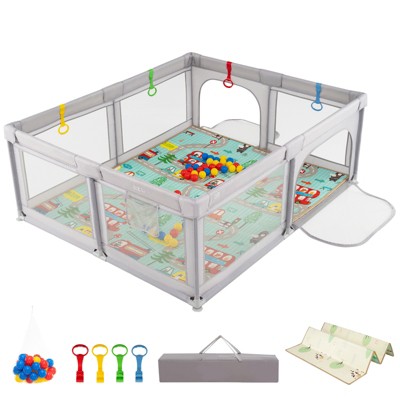 Infans Large Baby Playpen with Mat Baby Play Yard w/ Pull Rings & Ocean Balls Play Area
