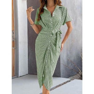 Women V-neck Button Down Dresses Short Sleeve Midi Shirt Dress with Belt - 1 of 4
