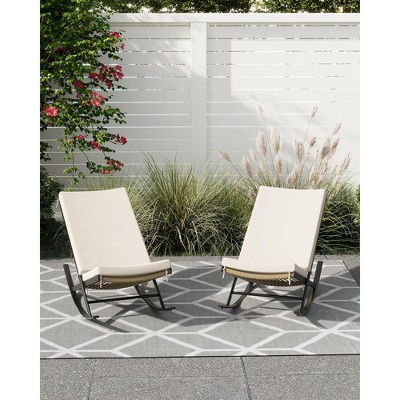 2pcs Patio Rocking Chairs, Indoor Outdoor Lounge Rocker Chair with Metal Frame, Rattan Seat and Padded Cushion, Outdoor Rocking Chair (Beige)