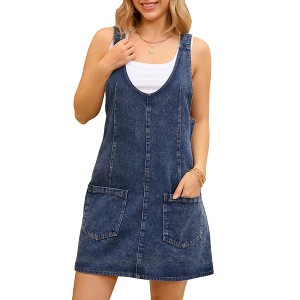 INSPIRE CHIC Women's Denim Overalls Roller Romper Casual Sleeveless V Neck Mini Dresses - 1 of 4