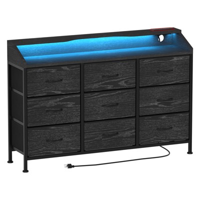 Huxxion Dresser for Bedroom, 9 Drawers Dresser with LED Lights & Charging Station
