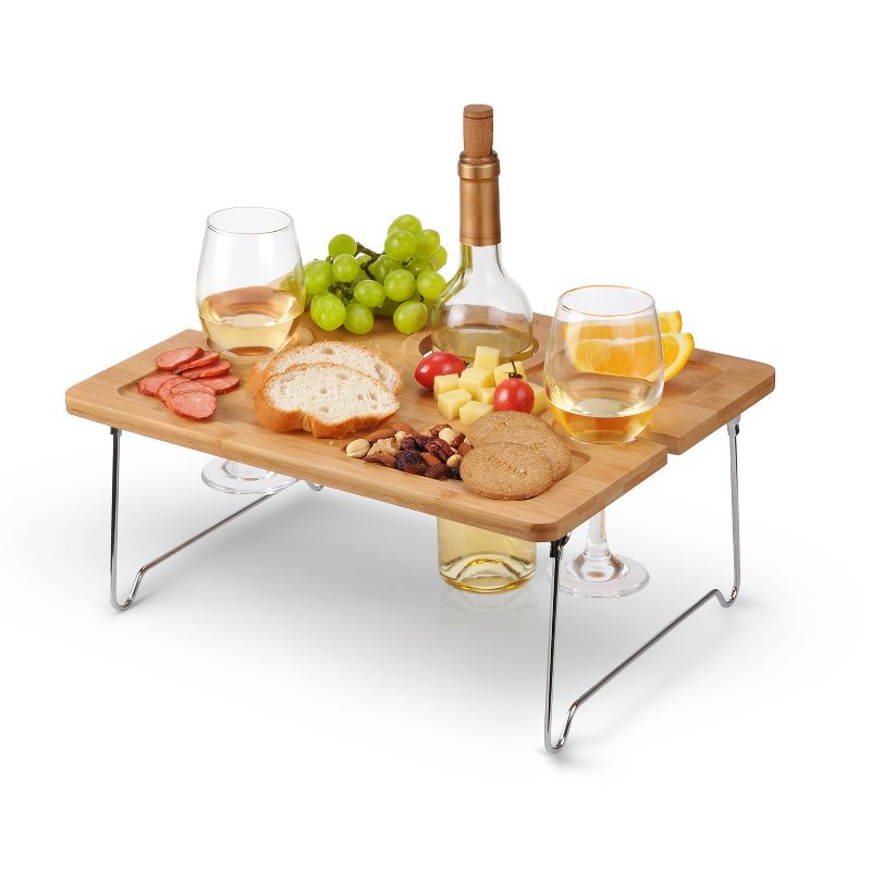 Tirrinia Bamboo Wine Picnic Table, Ideal Wine Lover Gift, Folding Portable Outdoor Wine Glasses & Bottle, Snack and Cheese Holder Tray, 1 of 10