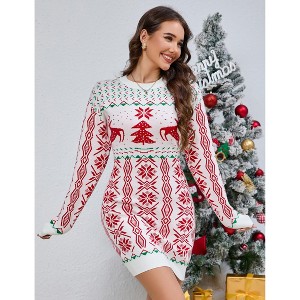 Women's Ugly Christmas Sweater Long Sleeve Round Neck Slim Mini Dress - 1 of 4