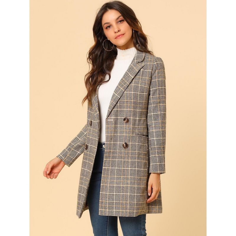 Allegra K Women's Double Breasted Notched Lapel Plaid Overcoat with Pockets, 4 of 8