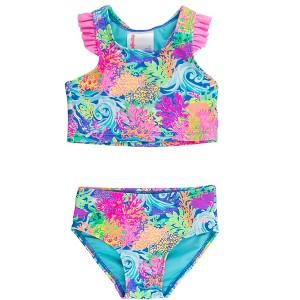 RuffleButts Girls UPF50+ Sun Protected Racerback Flutter Tankini 2-Piece Swimsuit - Neon Ocean Coral, 8 - 1 of 4