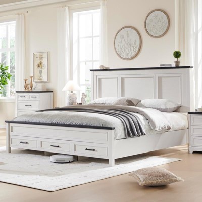 SinCiDo Farmhouse King Size Bed with Headboard, Wood Platform Bed Frame with 3 Storage Drawers, Easy Assembly