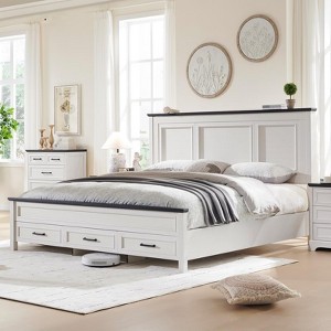 SinCiDo Farmhouse King Size Bed with Headboard, Wood Platform Bed Frame with 3 Storage Drawers, Easy Assembly - 1 of 4
