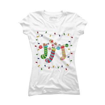 Junior's Design By Humans Christmas Stocking with Christmas Lights By realdealclipart T-Shirt