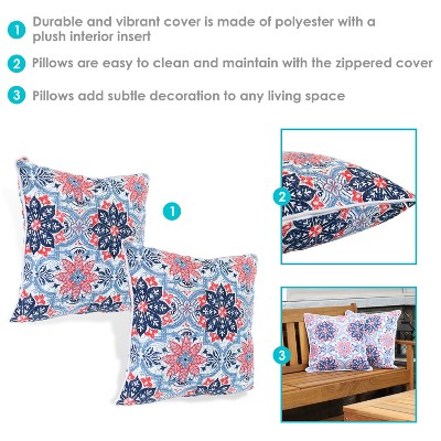 16" x 16" Blue and Red Floral Polyester Square Outdoor Throw Pillows, Set of 2