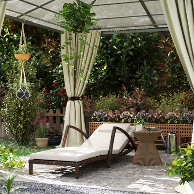 Beige Wicker Outdoor Chaise Lounge with Cushions and Wheels