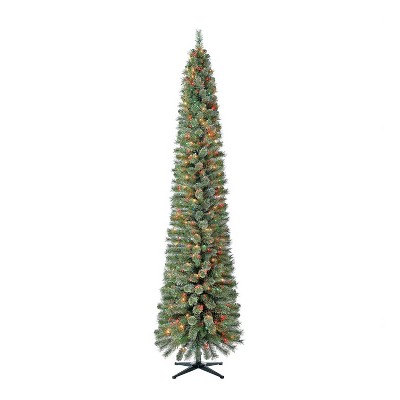 Home Heritage 9 Foot Pre-Lit Skinny Artificial Stanley Pencil Pine Christmas Tree with Multicolor Lights, Foldable Stand and Easy Assembly