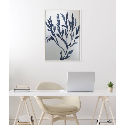 Sylvie Blue Ocean Coastal Nautical Coral Watercolor Canvas Print with White Frame