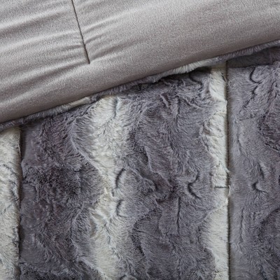 Twin Gray Faux Fur Comforter and Sham Set