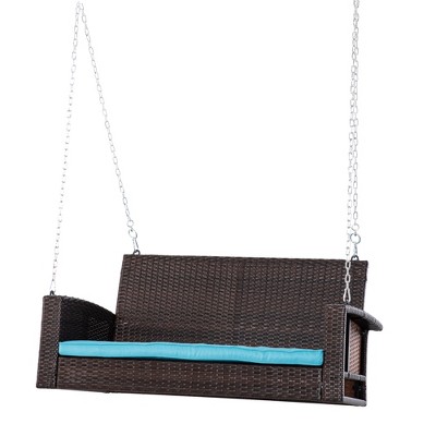 Sky Blue Cushioned 2-Person Wicker Hanging Porch Swing Bench