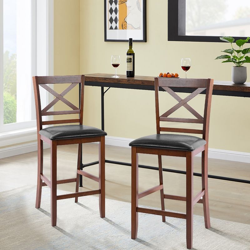 Costway Set of 4 Bar Stools 25'' Counter Height Chairs w/ PU Leather Seat Walnut, 3 of 11