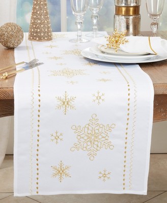 White and Gold Snowflake Embroidered Polyester Table Runner