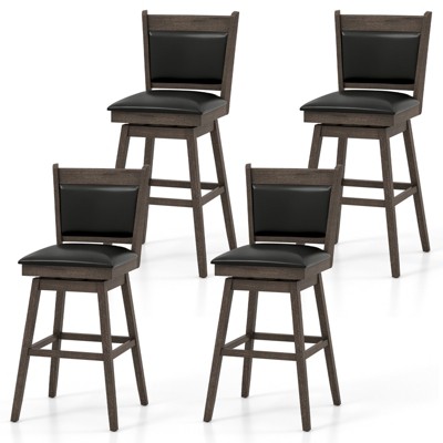 Tangkula 29" Bar Stools Set of 4 Upholstered Swivel Bar Chairs with Ergonomic Back Footrest & Rubber Wood Legs Wooden Faux Leather Bar Height