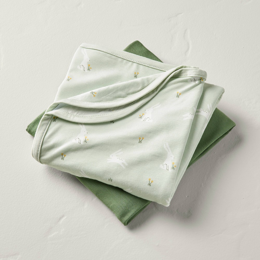 Photos - Children's Bed Linen Meadow Bunny & Dark Green Baby Swaddle Blankets 2pk - Hearth & Hand™ with Magnolia Bunnies