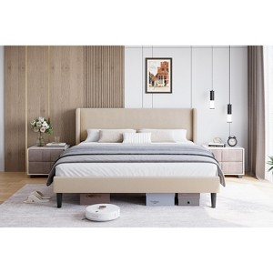 Full Size Bed Frame with Wingback Headboard, Upholstered Velvet Platform Bed with Wooden Slats Support, No Box Spring Needed, Easy Assembly - 1 of 4