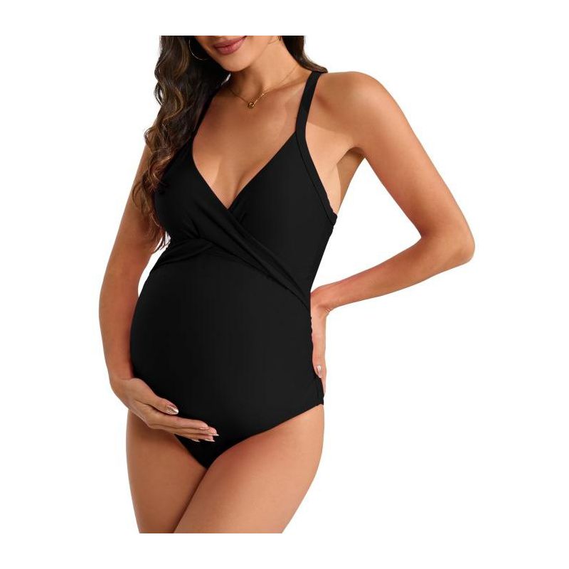 Womens Maternity Swimsuits One Piece Adjustable Crossback Swimsuits Wrap Front Sling Swimwear Summer Beach Outfits for Pregnant Women, 1 of 4
