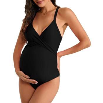 Womens Maternity Swimsuits One Piece Adjustable Crossback Swimsuits Wrap Front Sling Swimwear Summer Beach Outfits for Pregnant Women
