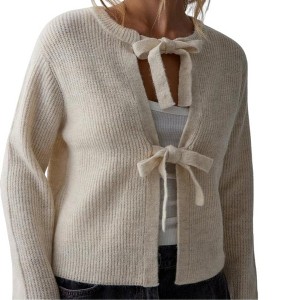 Women's Solid Color Tie - Front Loose Knit Cardigan, Casual Open - Front Sweater Jacket - 1 of 3