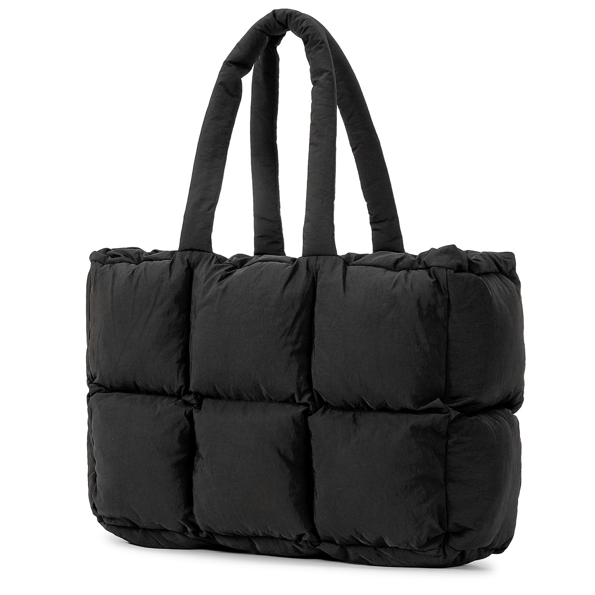 Puffer Tote Bag for Women, Large Quilted Puffy Handbag Lightweight Winter Down Padding Lattice Satchel Purse (Black)