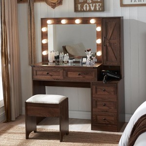 Vanity Tables with Charging Station & 2 Visible Drawers, 43" W Modern Vanity Makeup Desk with Lights Mirror and Drawers, Brown - 1 of 4