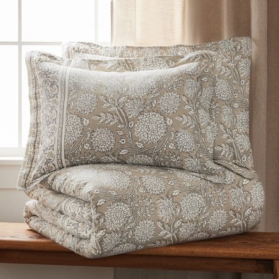 Taupe and White Floral Cotton Twin Duvet Set