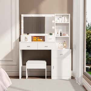 Vanity Desk with Mirror and Lights, Makeup Vanity Desk Table with Drawers and Cabinet, 3 Adjustable Lighting, Dressing Table with Cushioned Stool - 1 of 4