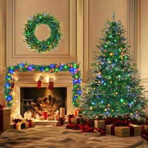 6FT Pre-Lit X-mas Tree Artificial Christmas 3-Piece Set, Garland, Wreath and Trees with Colorful Modes LED Lights, Green - ModernLuxe - 1 of 4