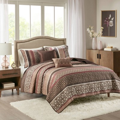 King Red Cotton Reversible Jacquard Quilt Set