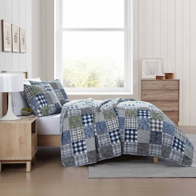 Blue Cotton Twin Reversible Patchwork Quilt Set