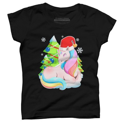 Girl's Design By Humans Santa Magical Fantasy Unicorn Christmas T Shirt By thebeardstudio T-Shirt