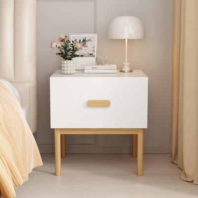 INFURNIC Nightstands Modern White Nightstand with Drawer and Wood Legs Minimalist Bedside Table , White, 18.5"*15.75"*19.69"