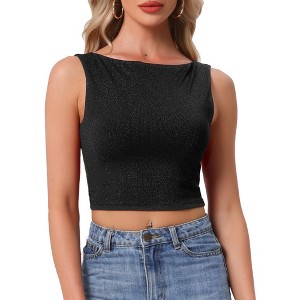 INSPIRE CHIC Women's Crew Neck Sleeveless Metallic Tweed Cropped Tank Top - 1 of 4