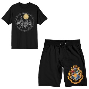 Harry Potter Hogwarts Castle Moonlight Men's Short Sleeve Shirt & Sleep Shorts Set - 1 of 4
