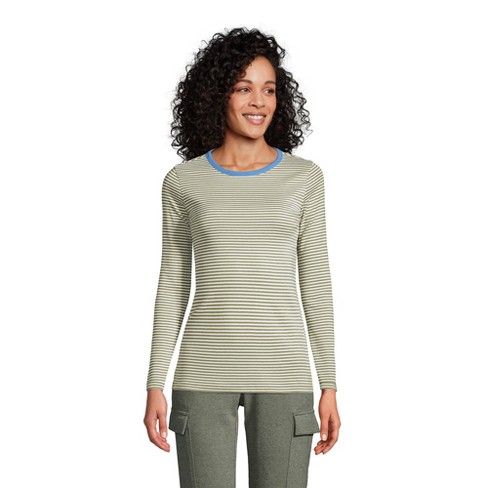 Lands' End Women's Petite Cotton Rib Long Sleeve Crewneck T-shirt - Small -  Simply Olive/ivory Even Stripe : Target