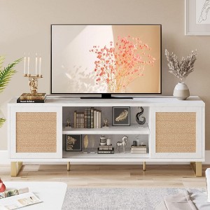 Rattan TV Stand for 65 inch TV, White Entertainment Center Modern TV Console Table with Storage, Doors and Shelves, Media Cabinet for Living Room - 1 of 4