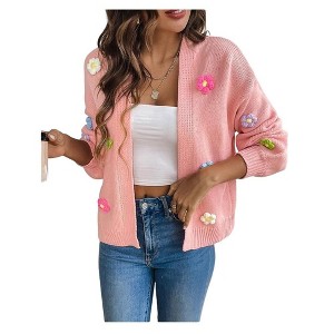 Coolmee Women's Cropped Cardigan Sweaters Crochet Floral Embroidery Open Front Knit Sweater Outwear - 1 of 4