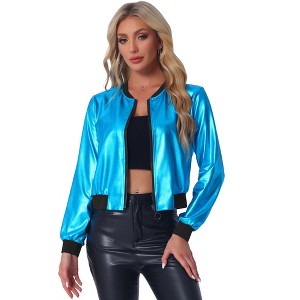 Allegra K Women's Holographic Fashion Stand Collar Metallic Lightweight Zip Bomber Jacket - 1 of 4