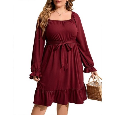 WhizMax Women's plus size Dress Casual Square Neck Dress Puff Long Sleeve Dresses High Waist Ruffle Midi Dress with Belt