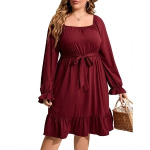 WhizMax Women's plus size Dress Casual Square Neck Dress Puff Long Sleeve Dresses High Waist Ruffle Midi Dress with Belt - 1 of 4