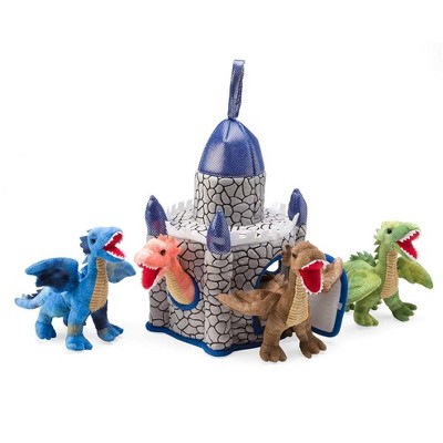 HearthSong - Plush Dragon Portable Play Set, Includes Four 6"H Winged Dragons and 12"H x 8" Sq. Castle, for Kids' Imaginative Play